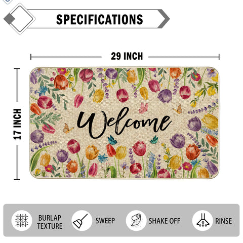 Wylumen Welcome Tulip Doormat 17x29 fits under doors with a low-profile design.
