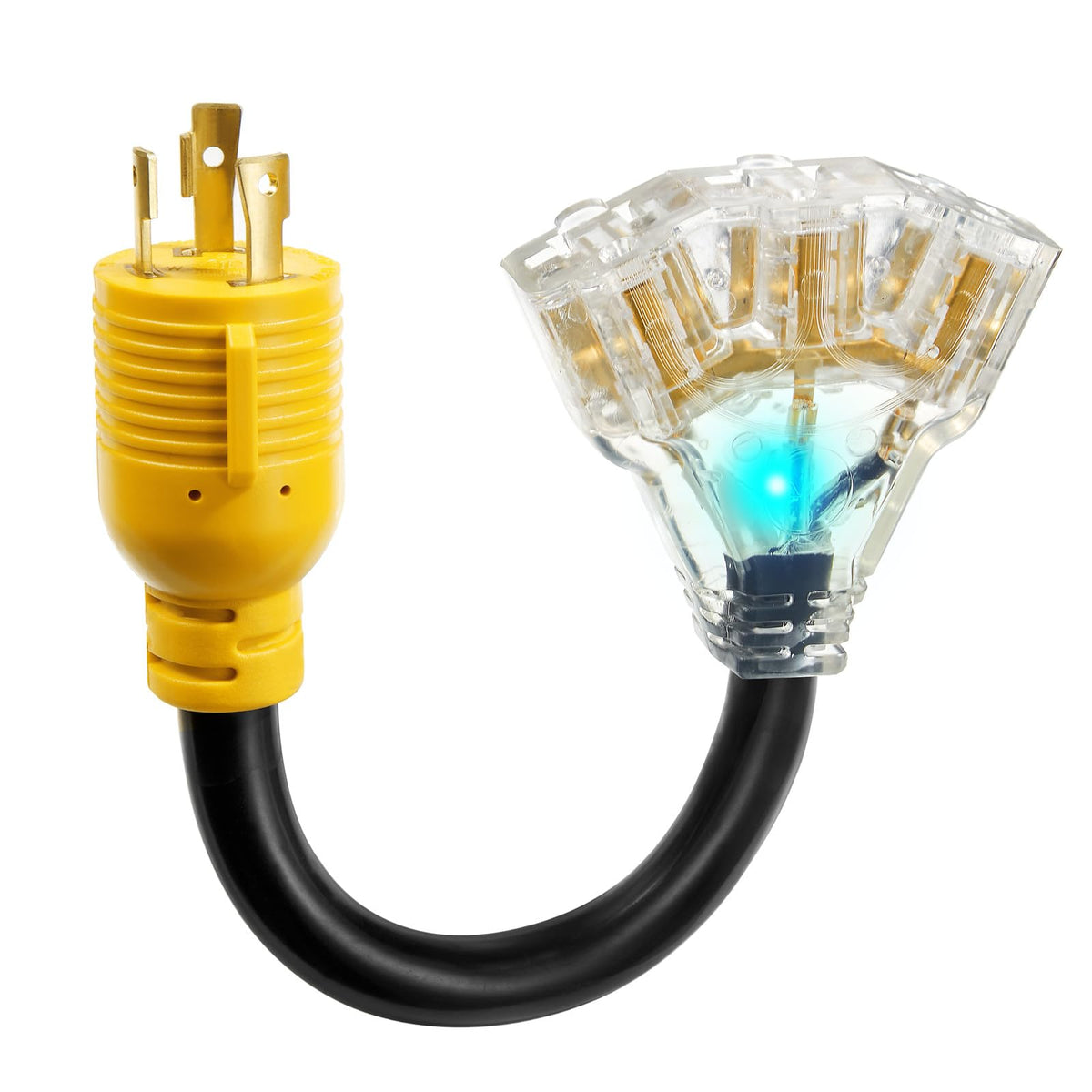 WYM World NEMA L5-30P to 3x 5-15R/5-20R adapter with power status indicator.