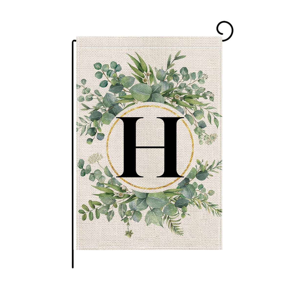 Wyooxoo monogram H floral garden flag front view on burlap-like fabric for outdoor decor