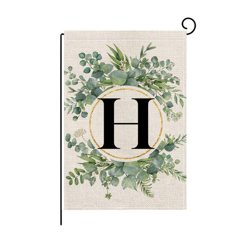 Wyooxoo monogram H floral garden flag front view on burlap-like fabric for outdoor decor