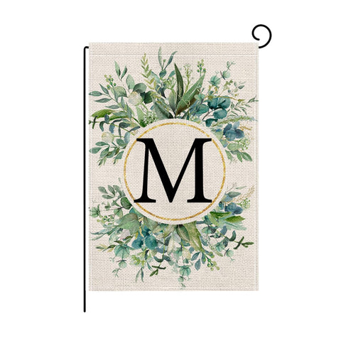Wyooxoo monogram M floral garden flag front view shows durable, weather-resistant outdoor design.