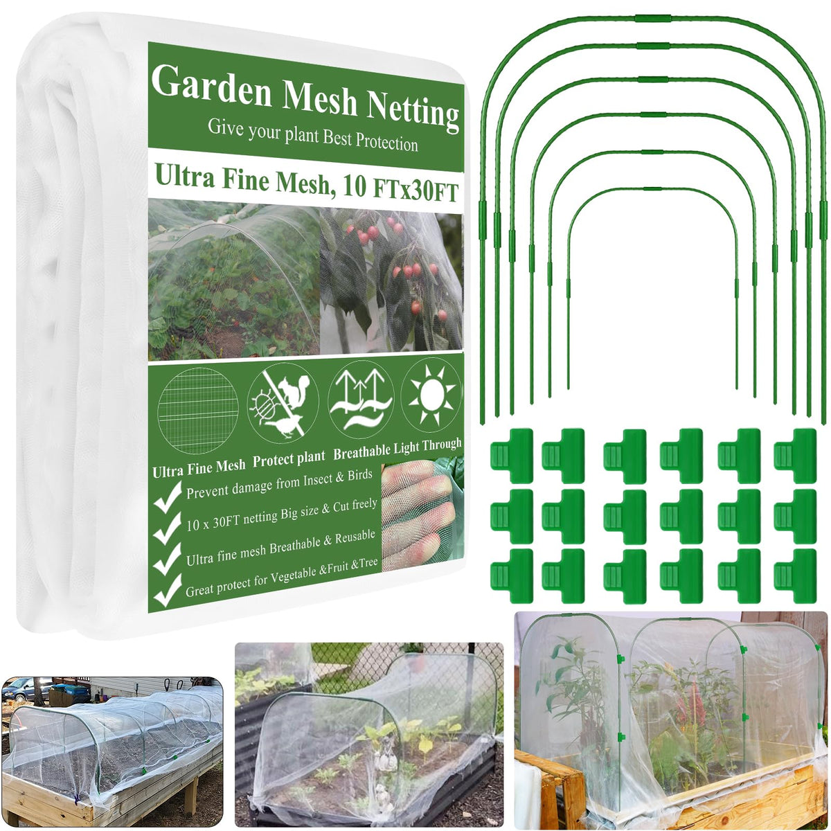 WYRJXYB garden netting 10x30ft reduces pests while letting water and light through.