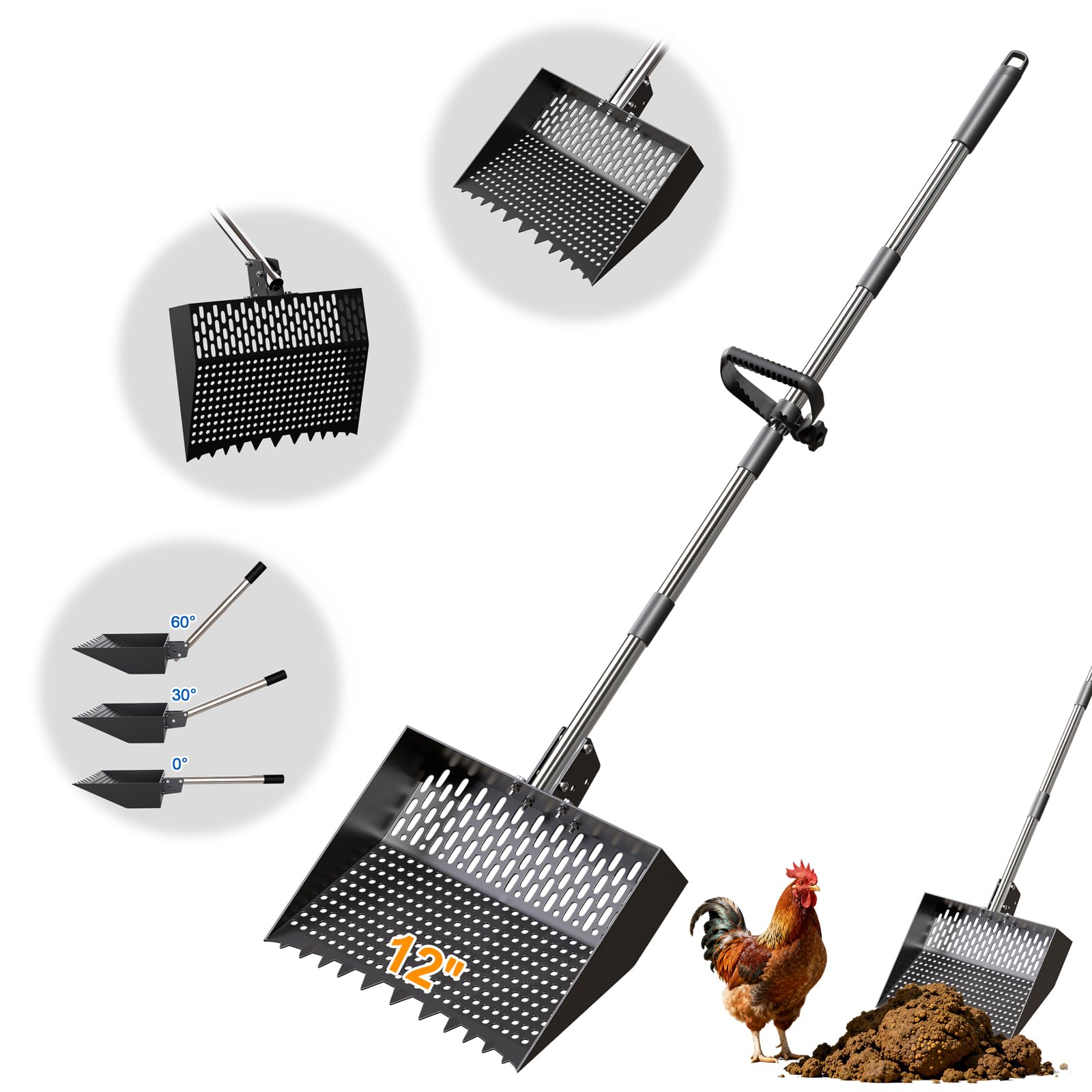 Wysperix 12inch 2-in-1 chicken poop scooper and rake for fast waste cleanup in coops.