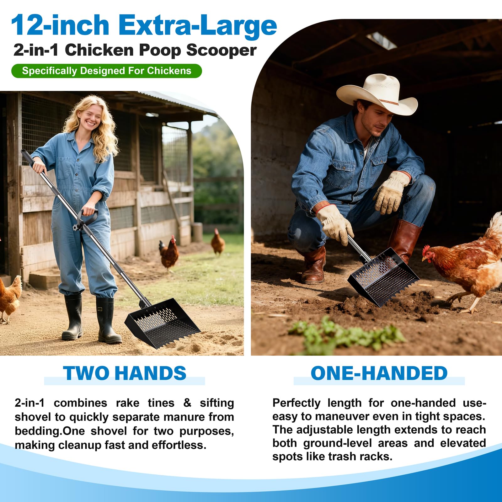 Wysperix adjustable-handle chicken scoop with 24-64 inch lengths for comfortable coop cleaning.