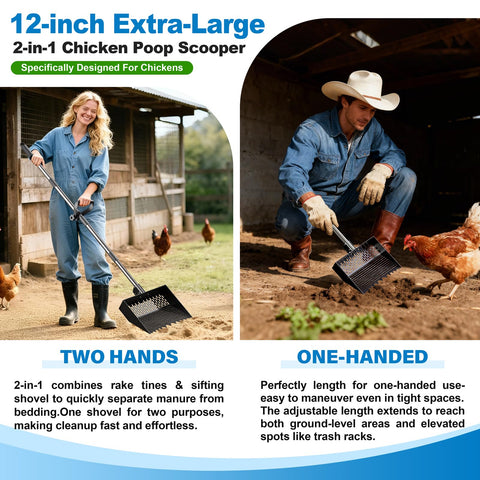 Wysperix adjustable-handle chicken scoop with 24-64 inch lengths for comfortable coop cleaning.