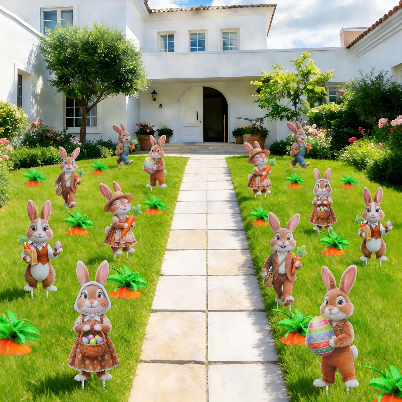 Wyupp Easter carrot decor accents brighten pathways for a festive front yard.