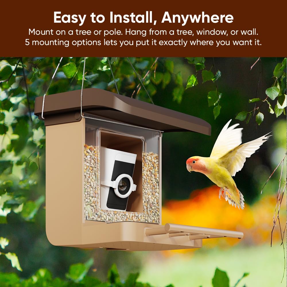 Wyze Bird Feeder Case tree mount blends into foliage for natural bird visits.