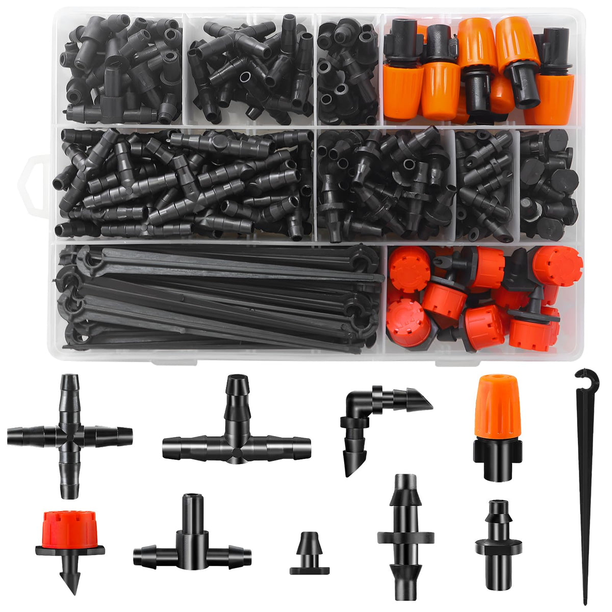 WZFLRUA drip fittings kit with 240 pieces for versatile irrigation layouts.
