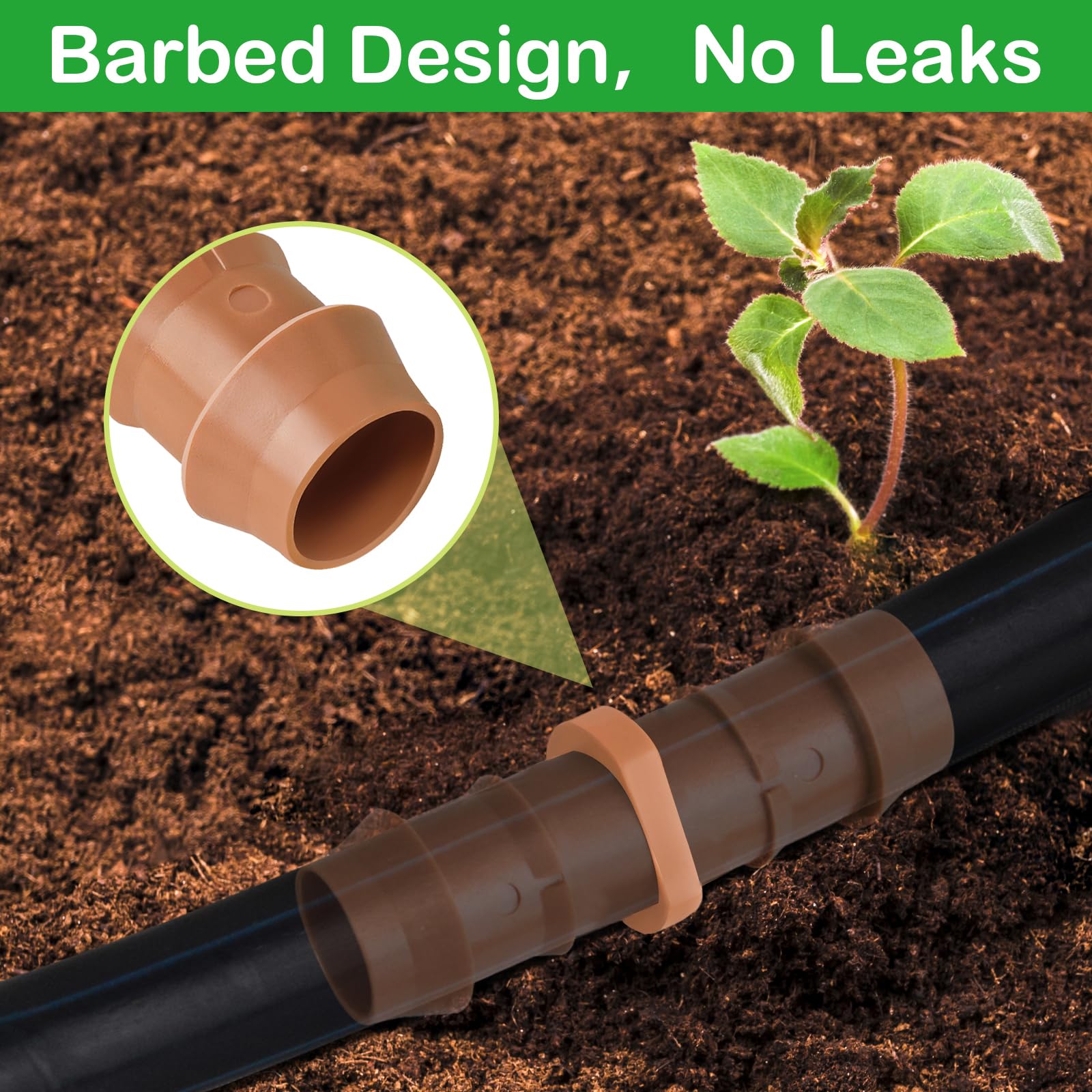 WZFLRUA UV-resistant drip irrigation fittings shown in bright garden setting.