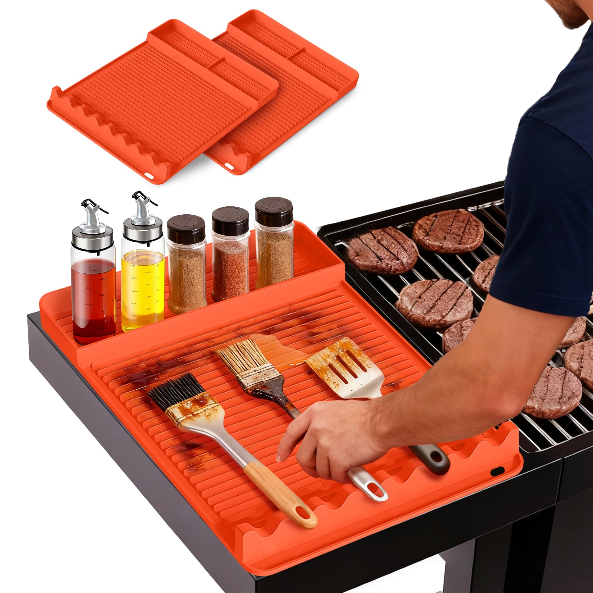 WZGUSXN silicone grill mat on Blackstone protects surfaces and keeps tools organized.