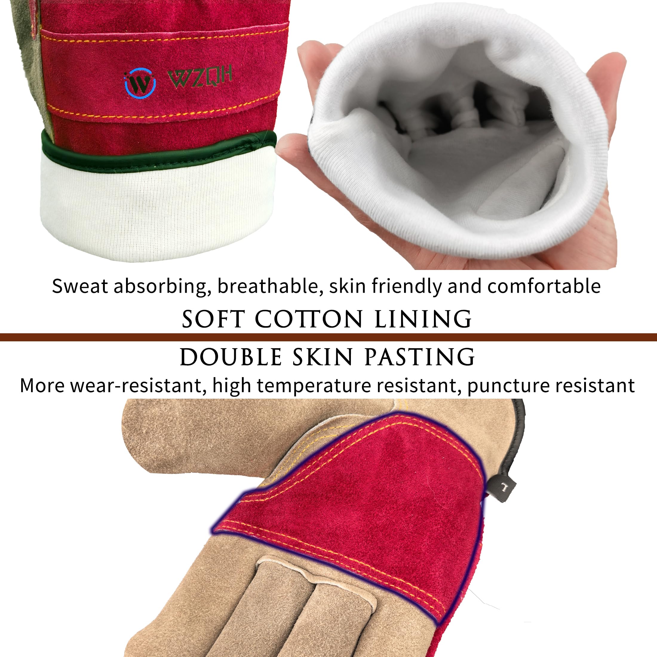 WZQH Leather Work Gloves with reinforced wrist adjustment for secure fit during welding.