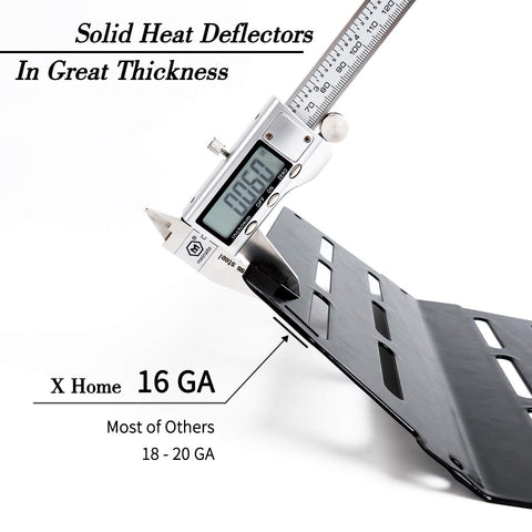 X Home heat deflectors under burner tubes guide drips into the disposable tray.