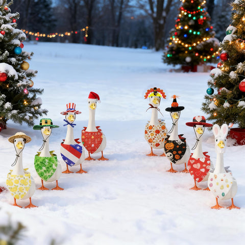 X-Kingsun Christmas goose outfit brings holiday cheer to outdoor statues.