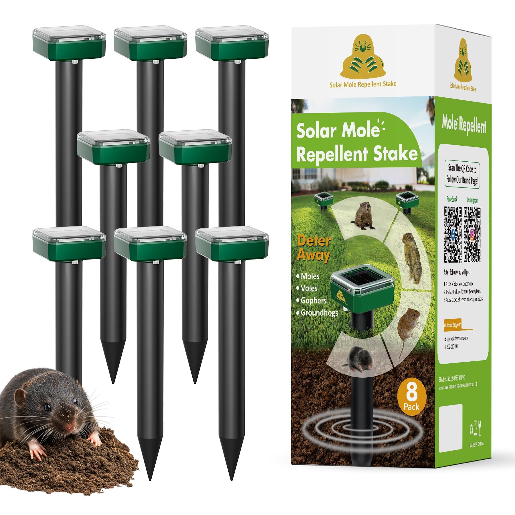 X-octenol mole repellent solar stake front view deters burrowing pests in yard