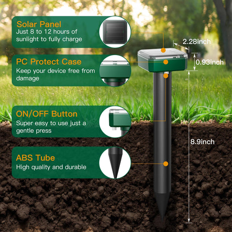 X-octenol mole repellent solar stake in use in garden reducing digging activity