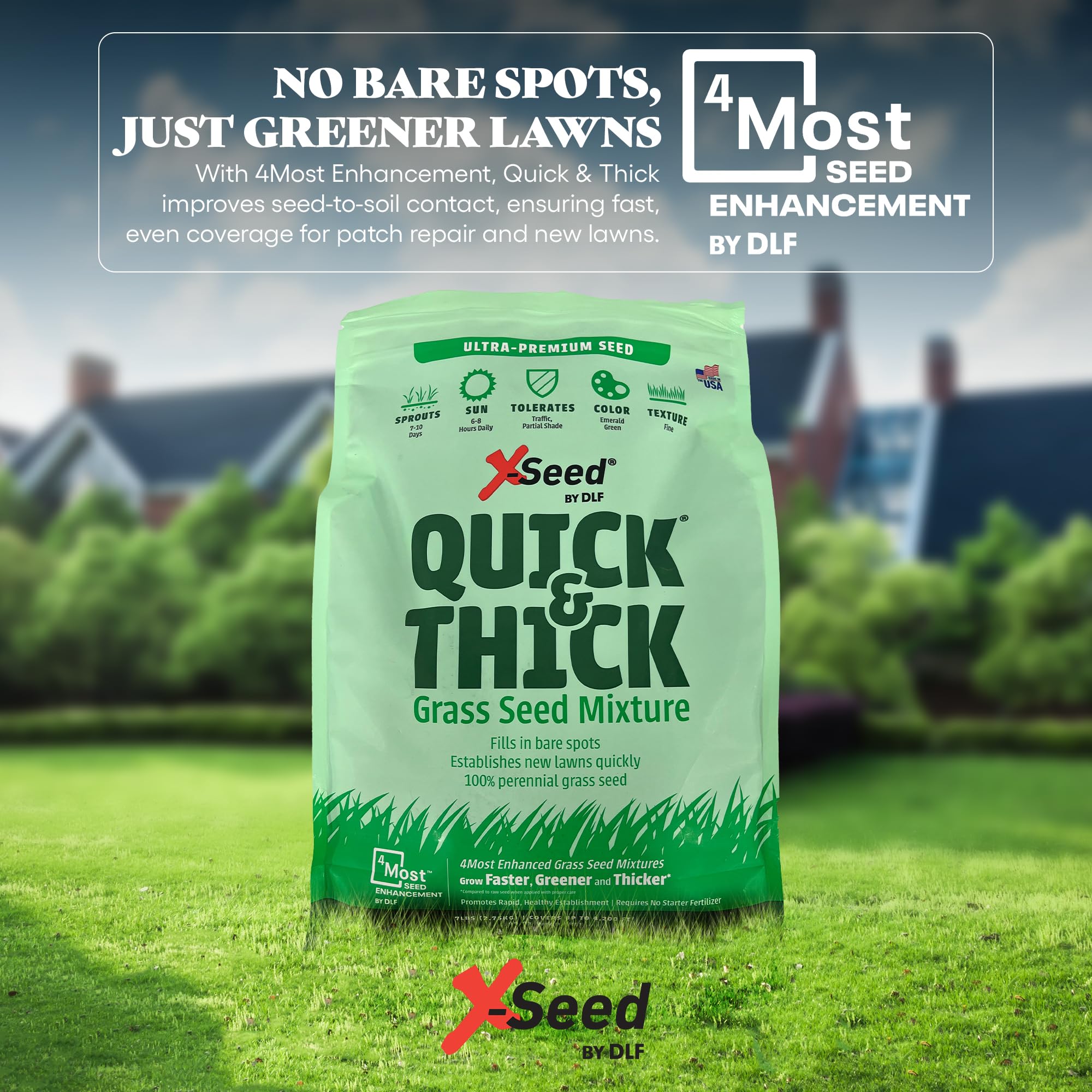 X-Seed Dense Turf Coverage Grass Seed highlights even, thick growth across large areas.