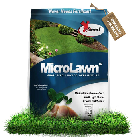 X-Seed Microlawn bag label close-up showcases quality for easy seeding.