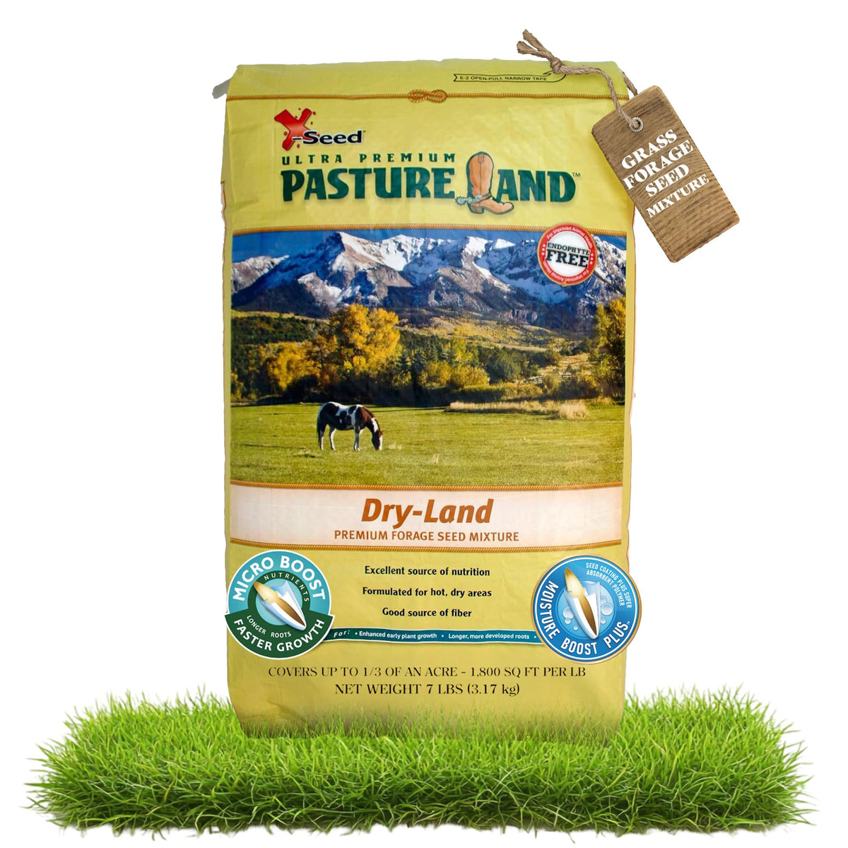 X-Seed Pasture Land mixture on bag front supports dry-climate pasture establishment