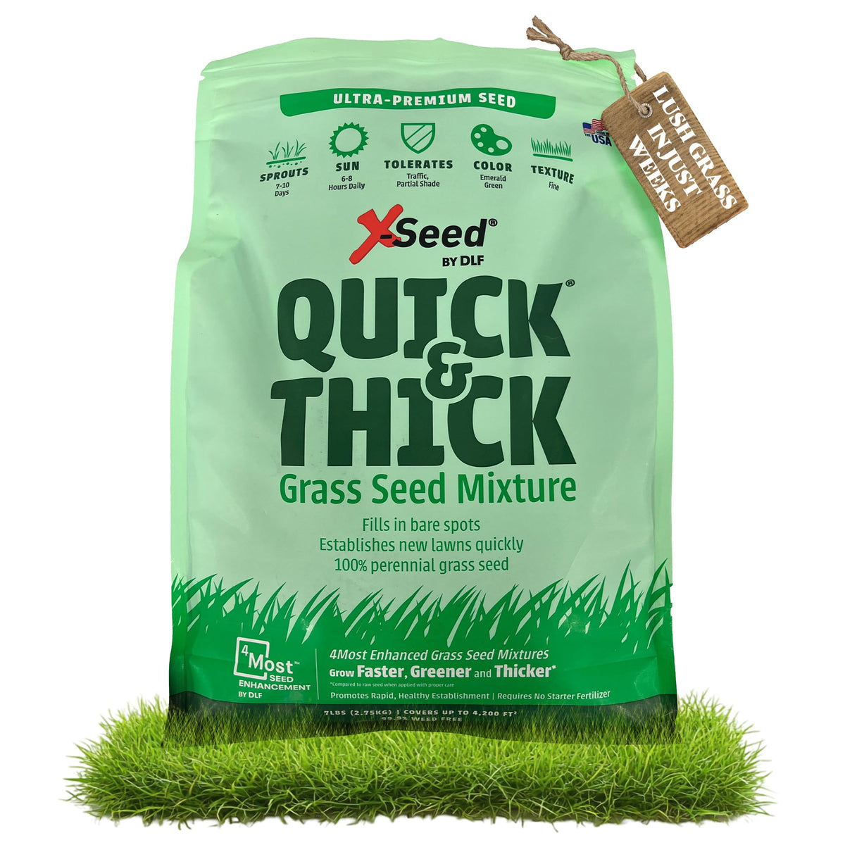 X-Seed Ultra Premium Quick Thick Seed Blend bag showing rapid turf establishment for a lush lawn.