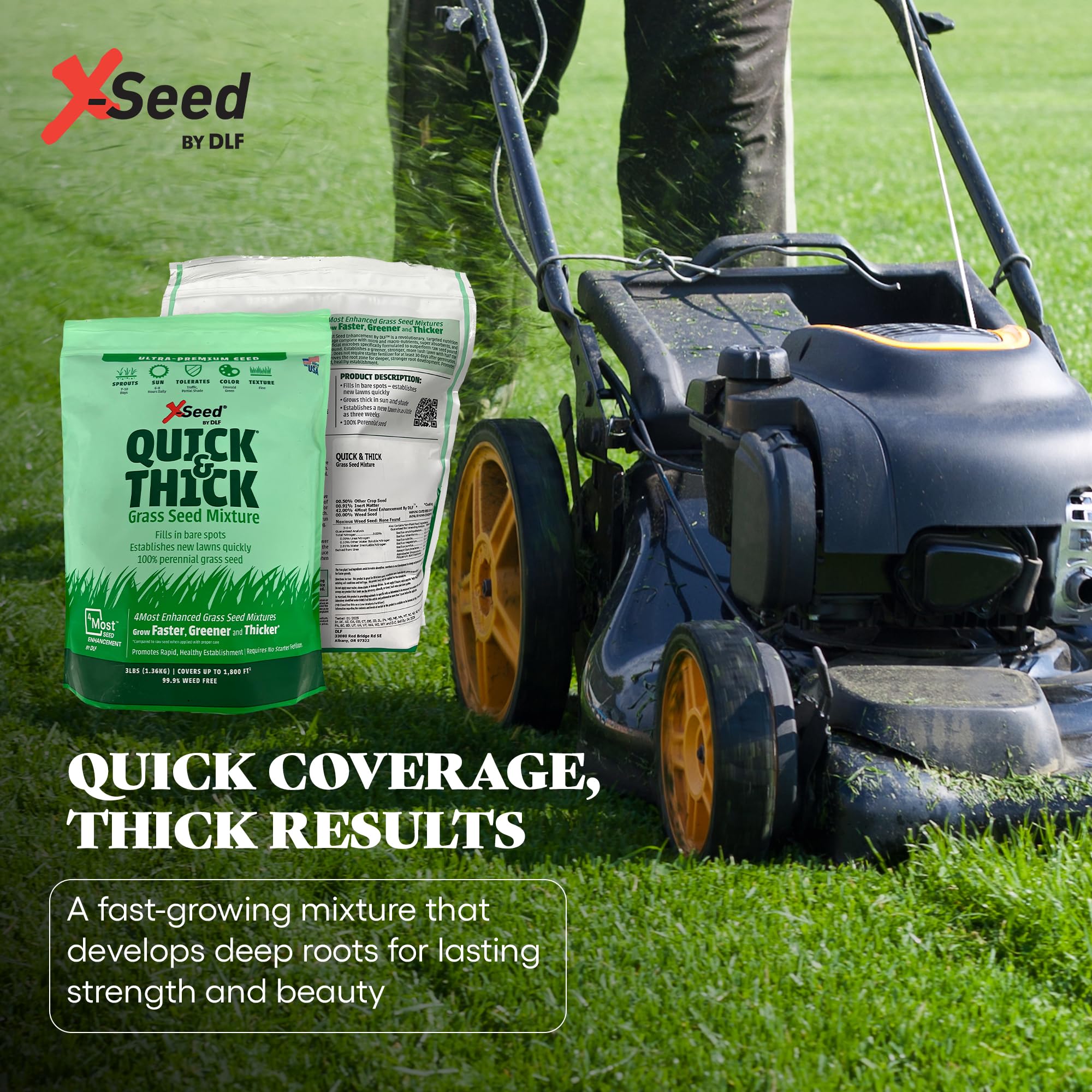 X-Seed coverage visualization showing 2,100 sq ft reach for lawns