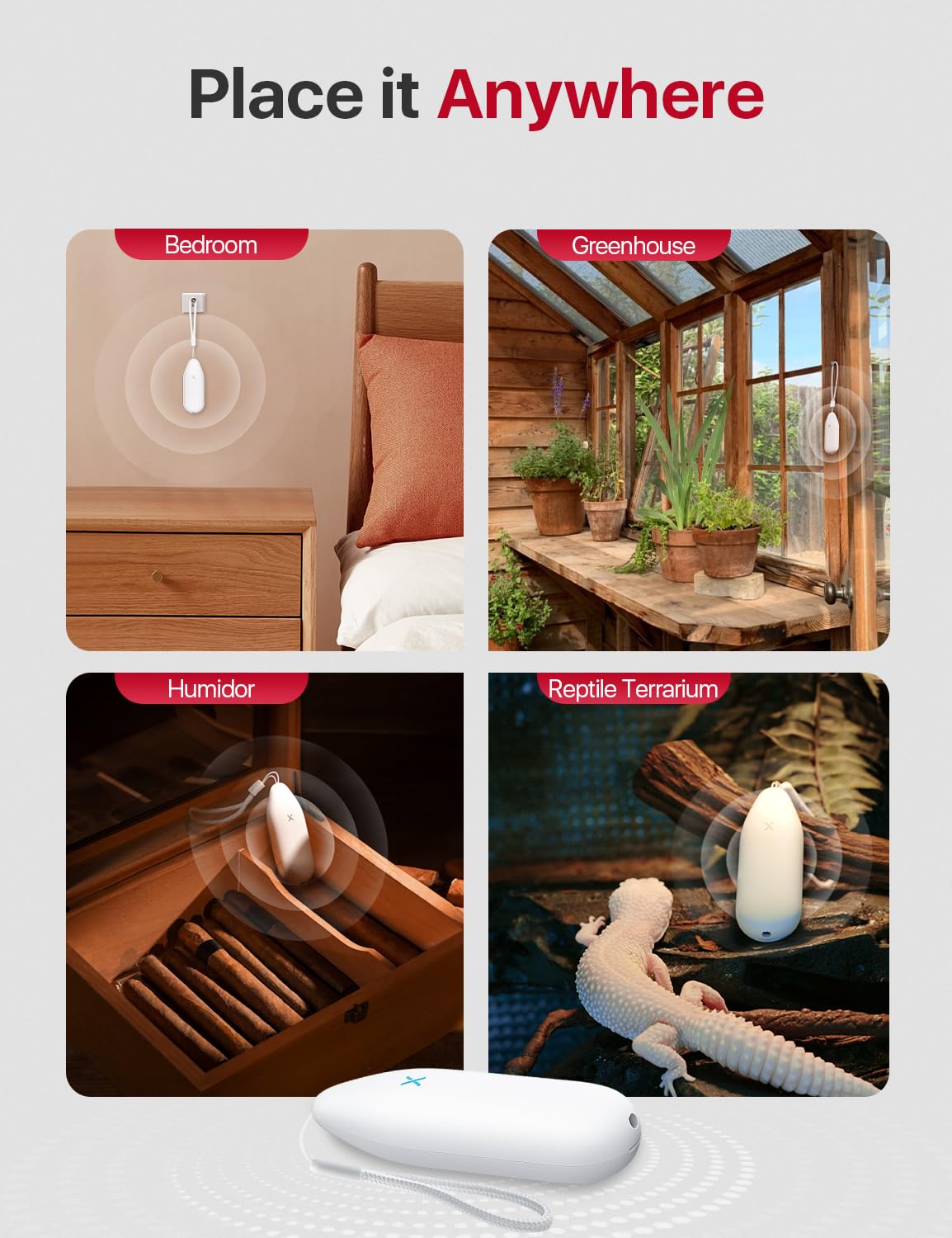 X-Sense compact design fits discreet spaces like shelves or humidors