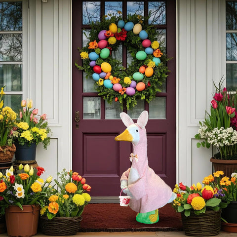 XAKNXGU pink basket accessory enhances the goose outfit for Easter display.