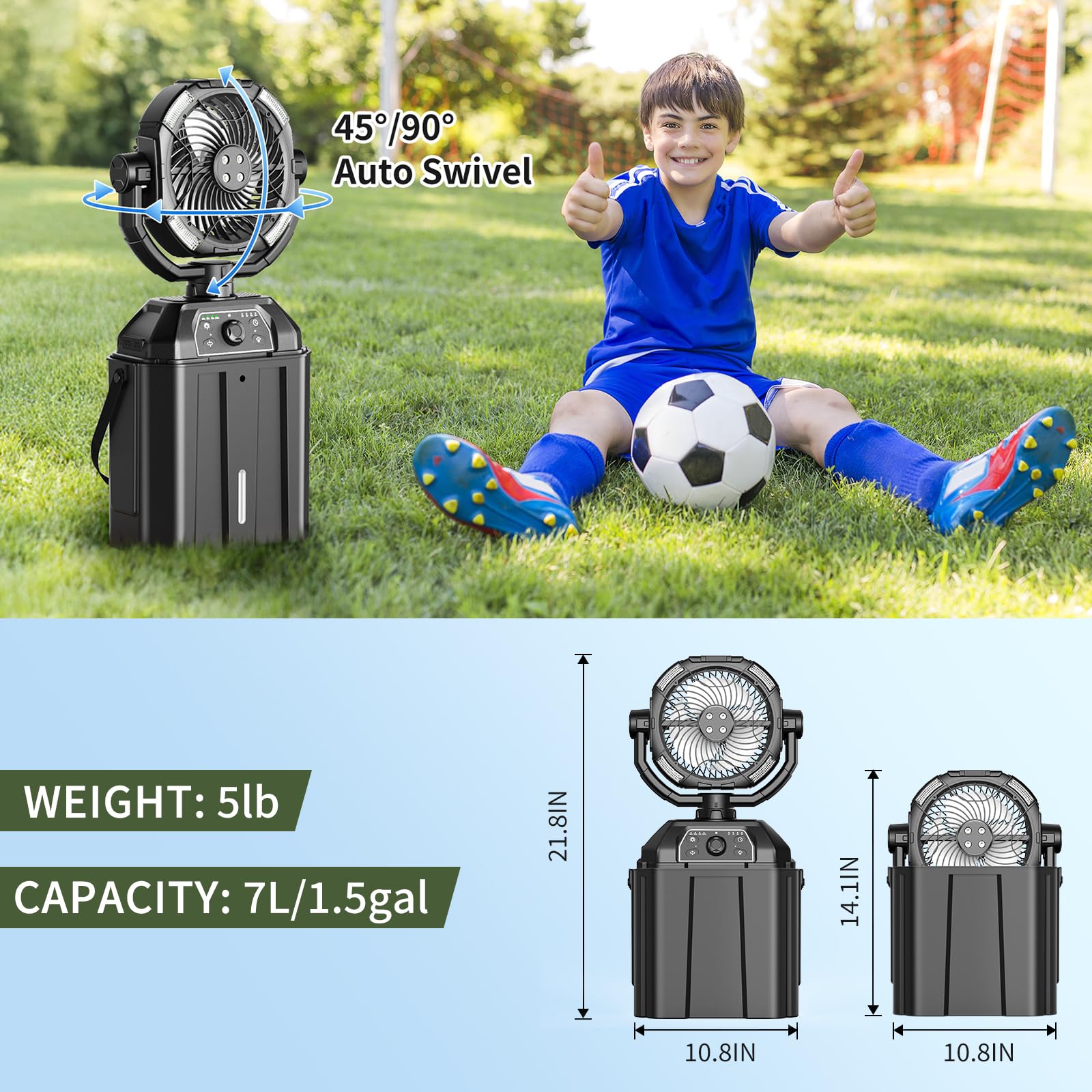 XAP misting fan with rotating swivel for wide-area airflow.