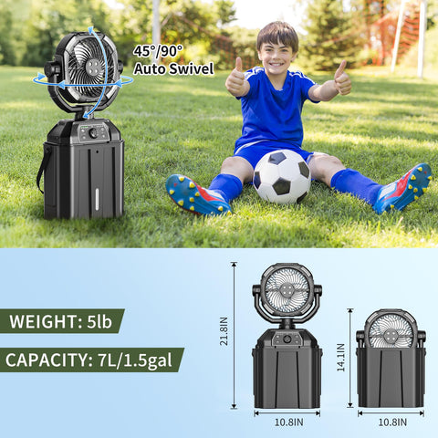 XAP misting fan with rotating swivel for wide-area airflow.