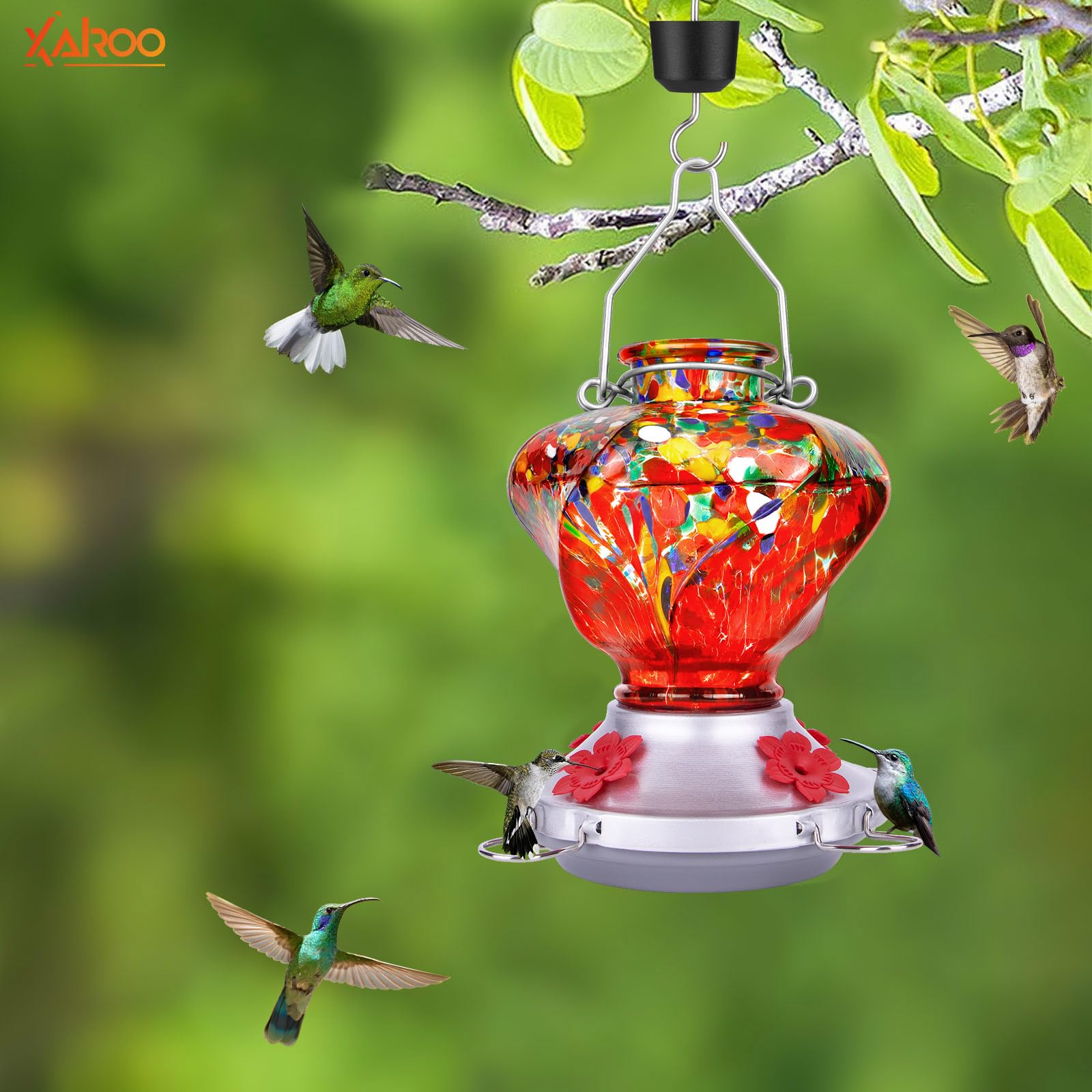 XAROO hummingbird feeder with four ports welcomes multiple visitors