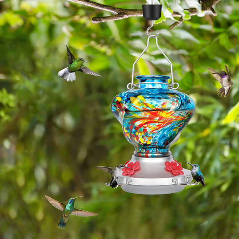 XAROO hand blown twisted glass feeder with blue hue for visual appeal and bird activity.