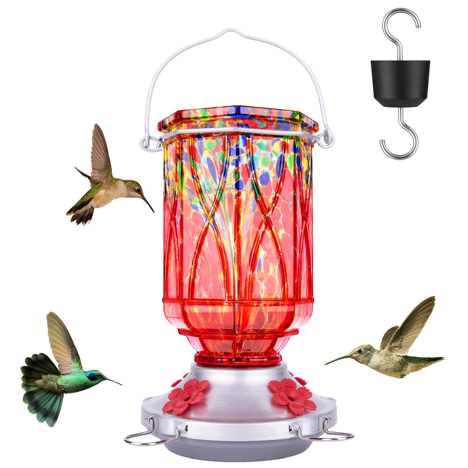 XAROO hand-blown red glass hummingbird feeder attracts hummingbirds to your garden.