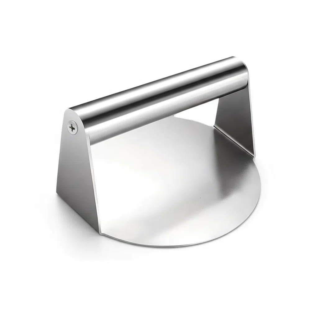 XAUZIX stainless steel smash burger press top view showing even patties