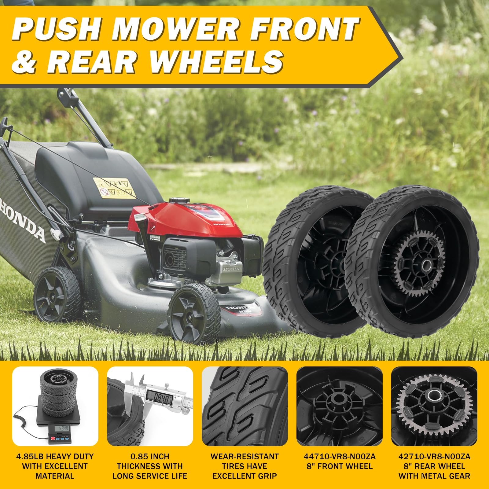 XaXmTee HRN216 front wheel 8in for smooth mower operation.