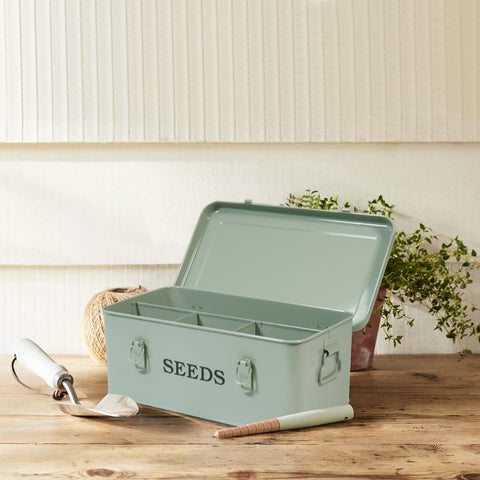 Xbopetda metal seed bin in green finish, durable garden storage.