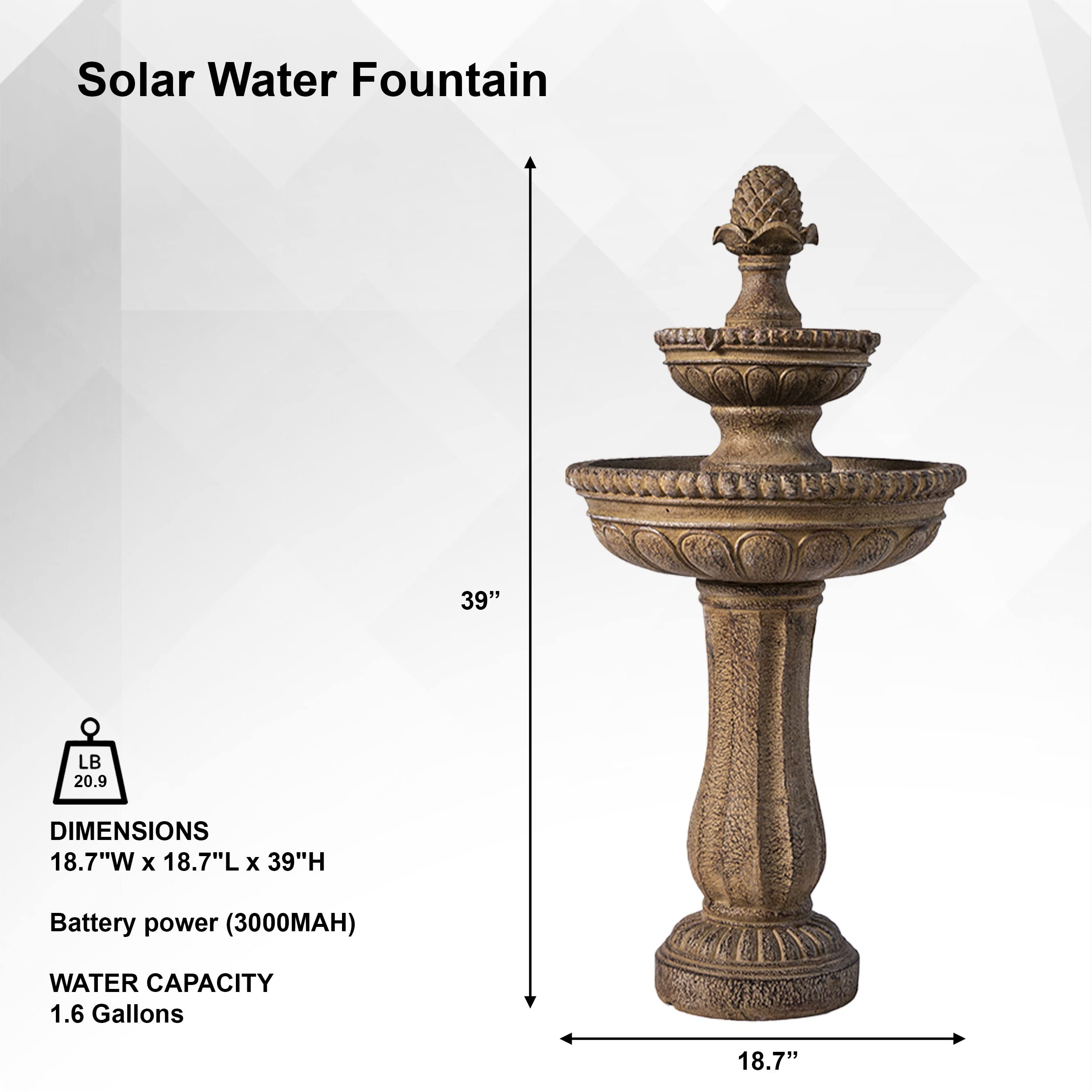 XBrand 39-inch solar fountain side view shows compact footprint for patios.