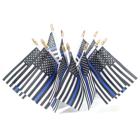 XCFH Thin Blue Line flag on a wooden stick with crisp print for ceremonies.