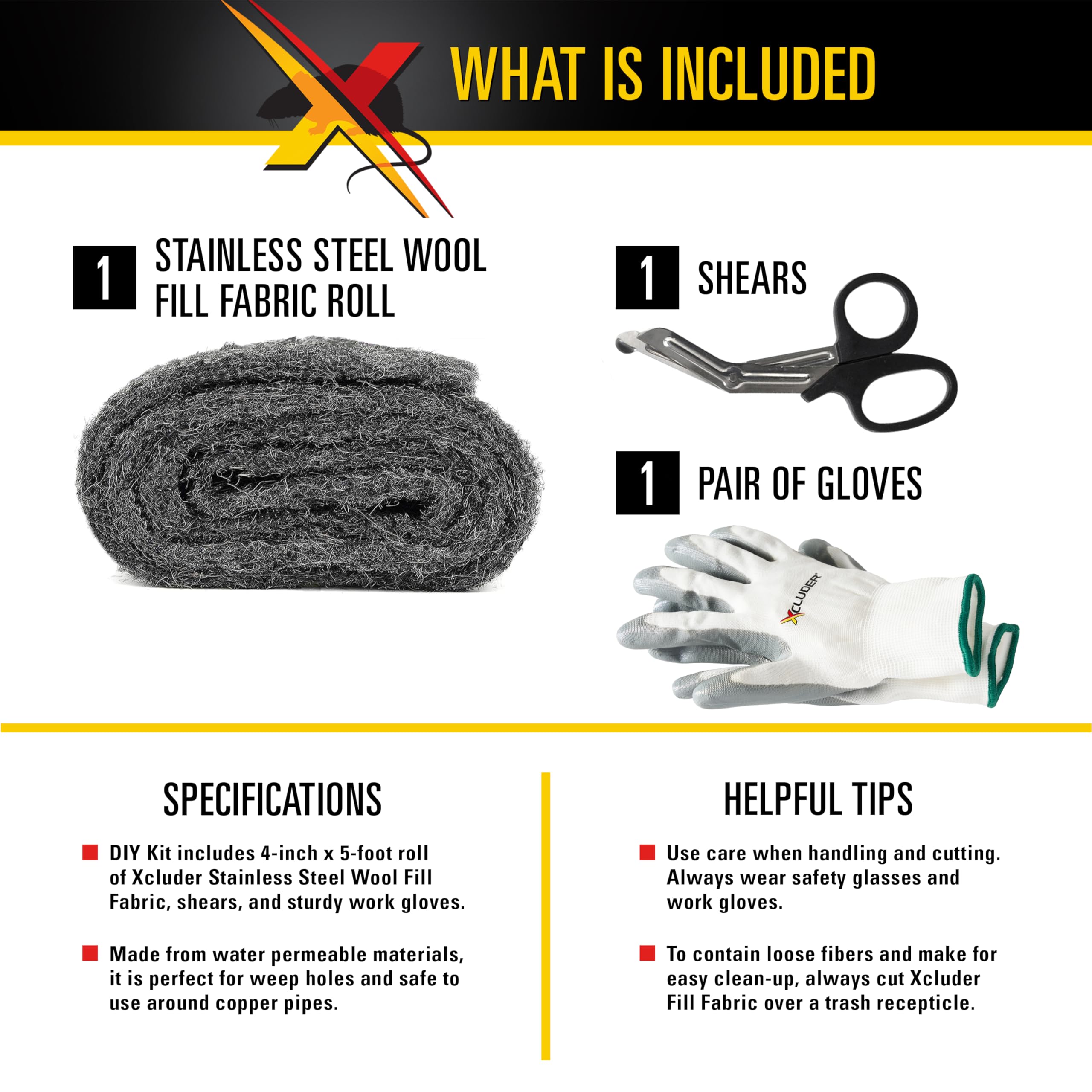 Xcluder Fill Fabric kit with gloves and shears for DIY sealing.