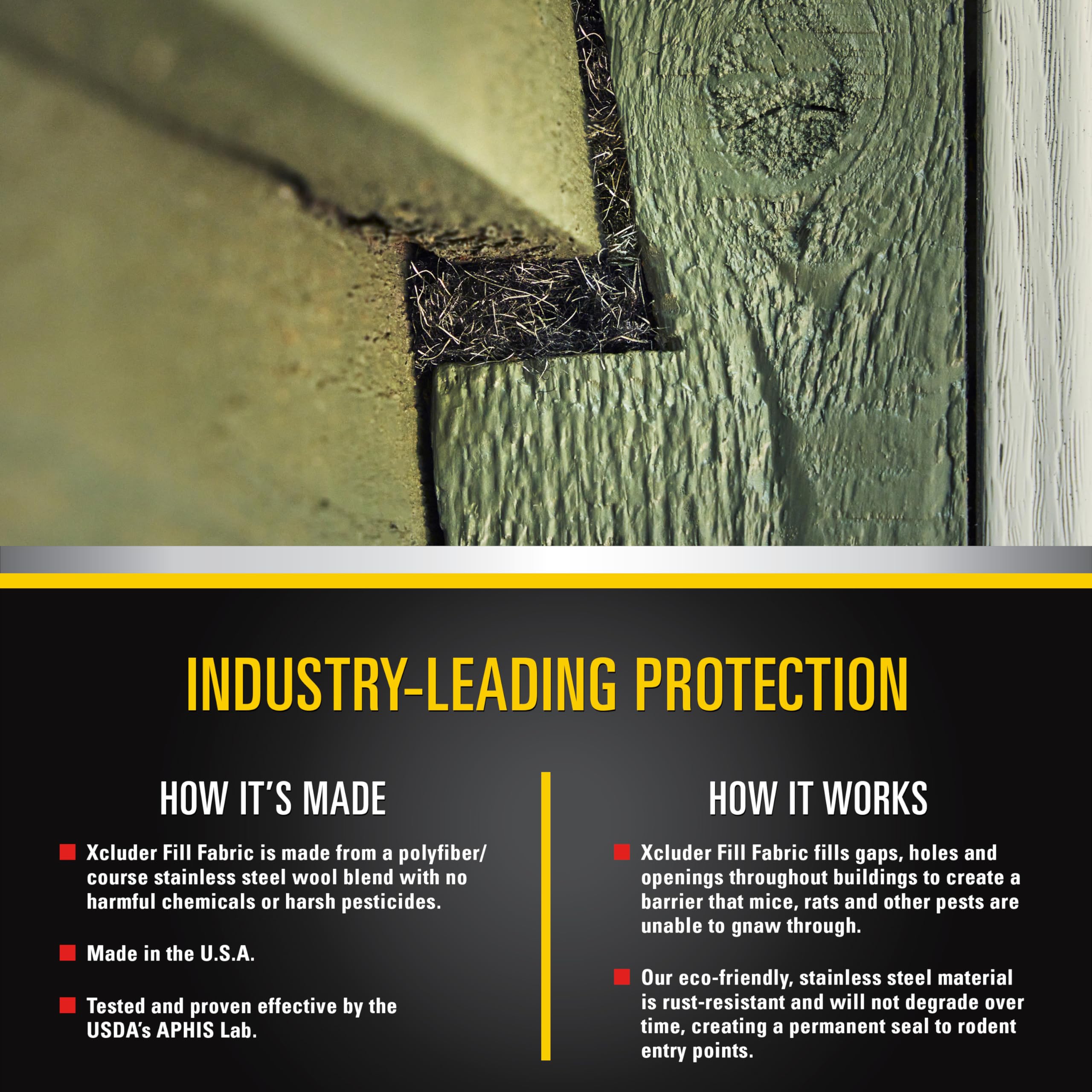 Applied Xcluder Fill Fabric seals a wall gap to block entry.