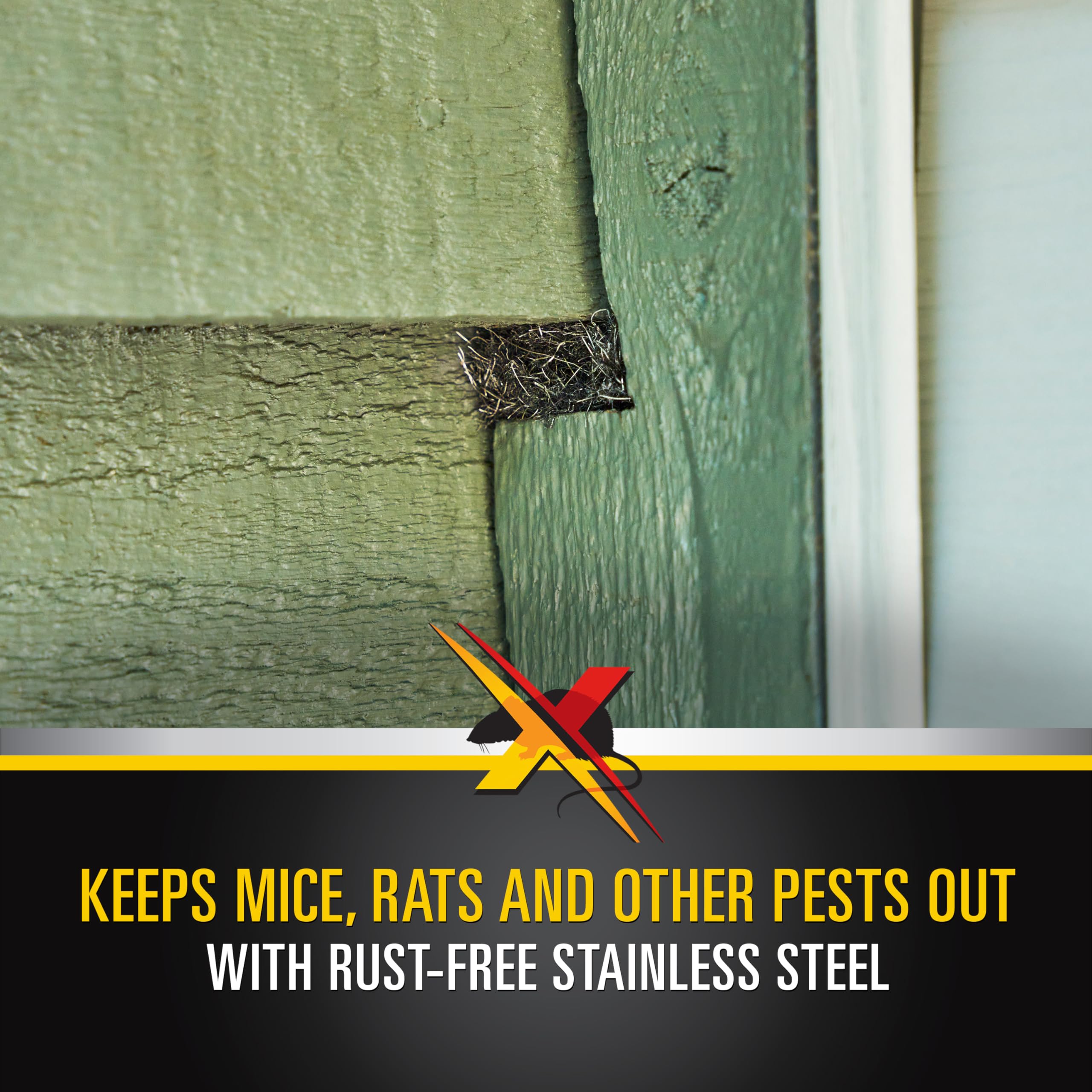 Xcluder Rodent Fill Fabric closeup shows stainless steel wool, rust-resistant and durable.