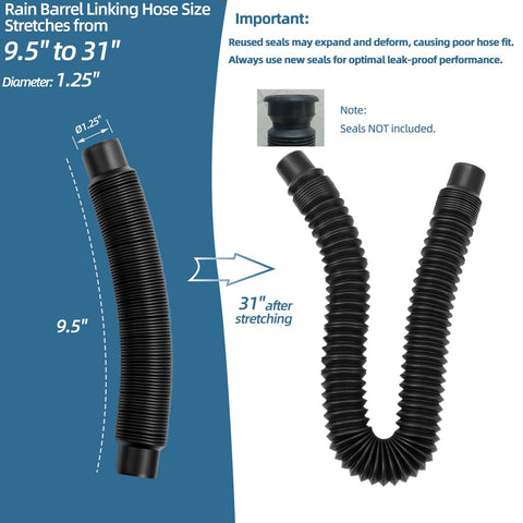XCWT hose linking two rain barrels enables larger water storage for garden tasks.