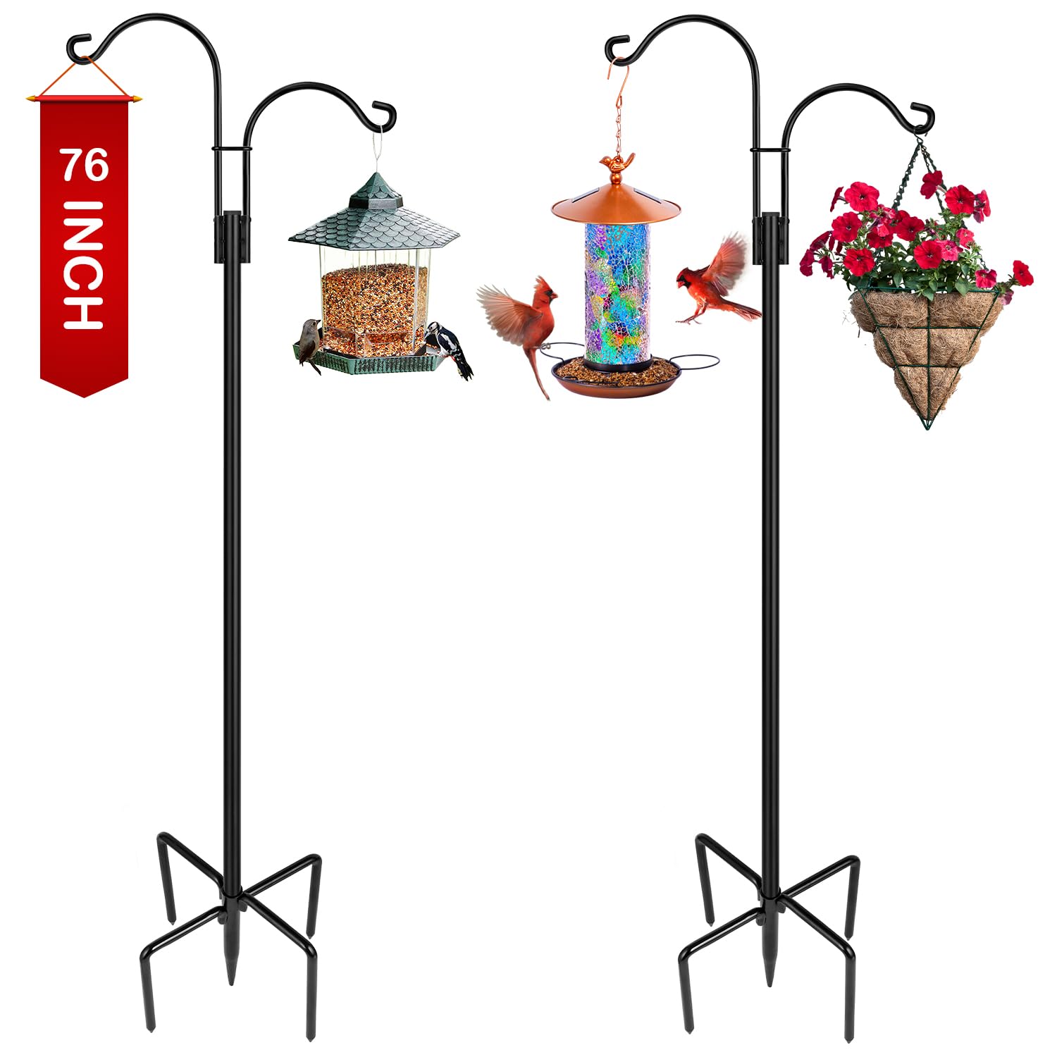 XDW-GIFTS Double Shepherds Hooks outdoors with dual arms for decorative displays.