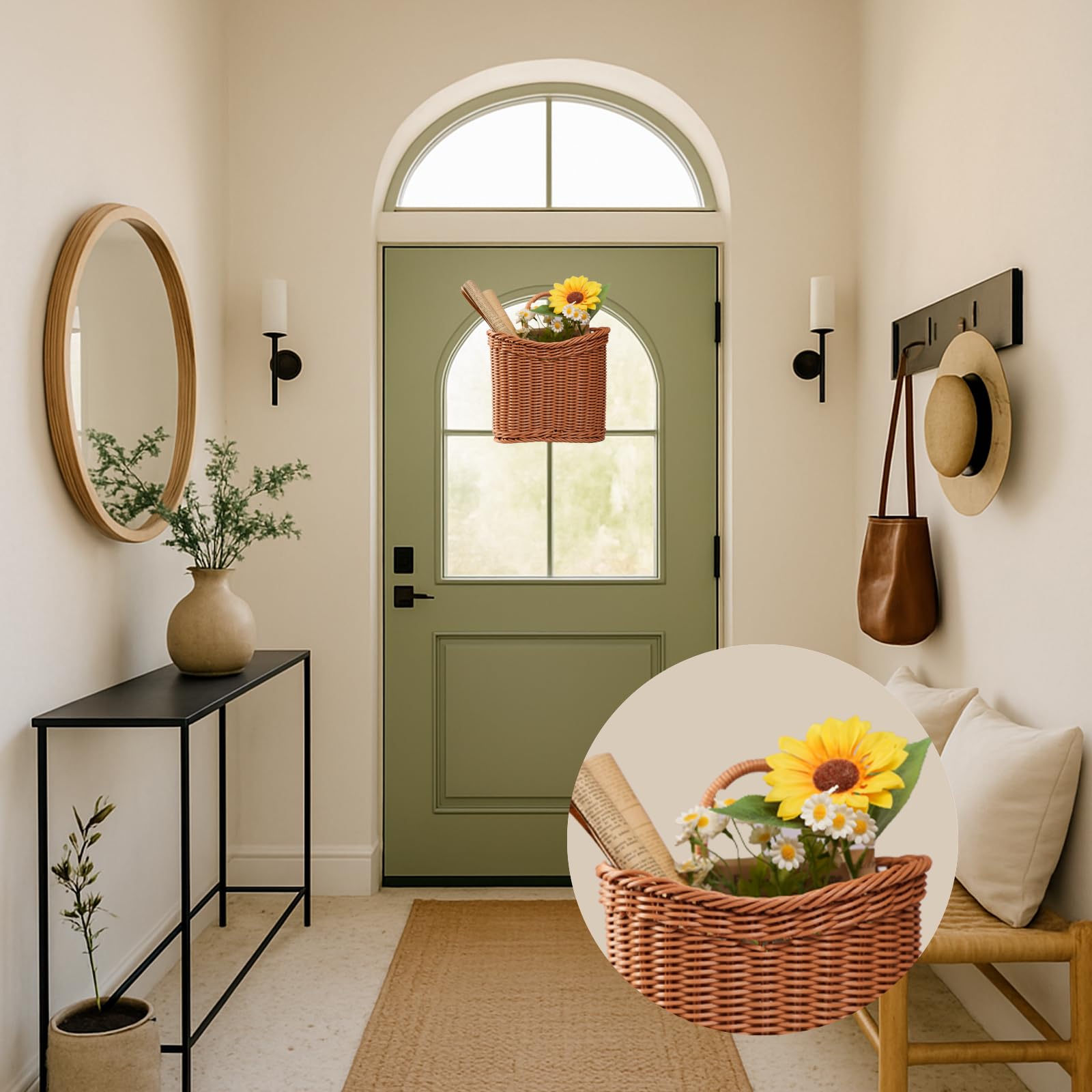 Xekley durable front-door decor basket brimming with faux greenery