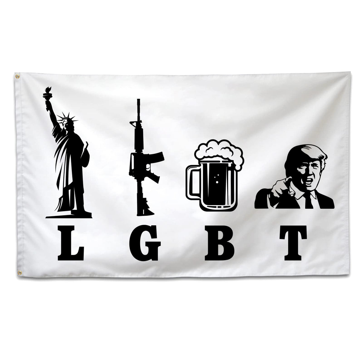 XEODE Liberty Guns Trump flag 3x5 main view on exterior wall, bold patriotic decor.