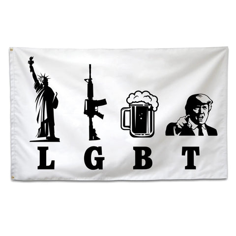 XEODE Liberty Guns Trump flag 3x5 main view on exterior wall, bold patriotic decor.