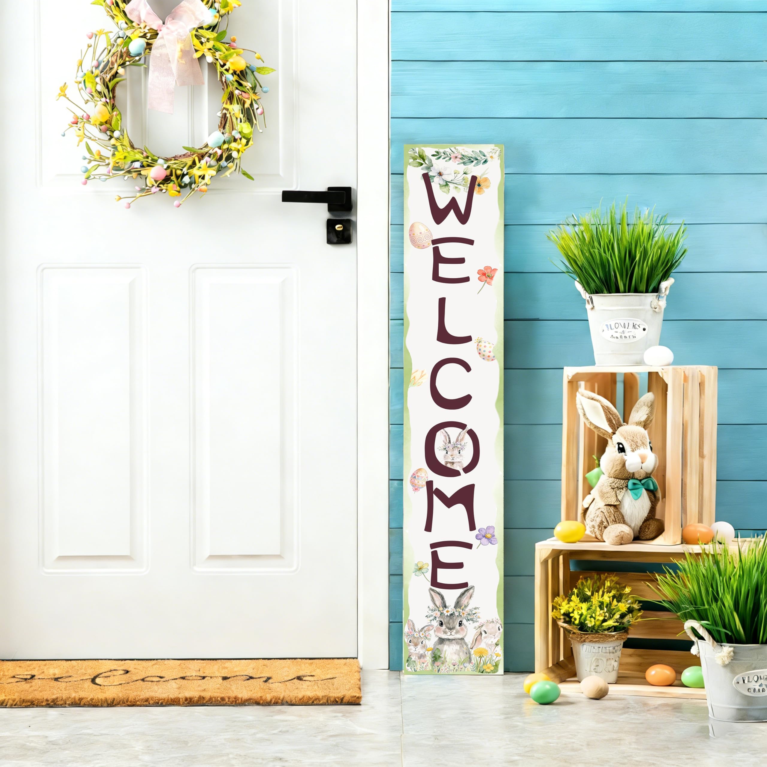 Xeubiou Easter porch sign with rabbit and eggs, perfect for welcoming guests outdoors.