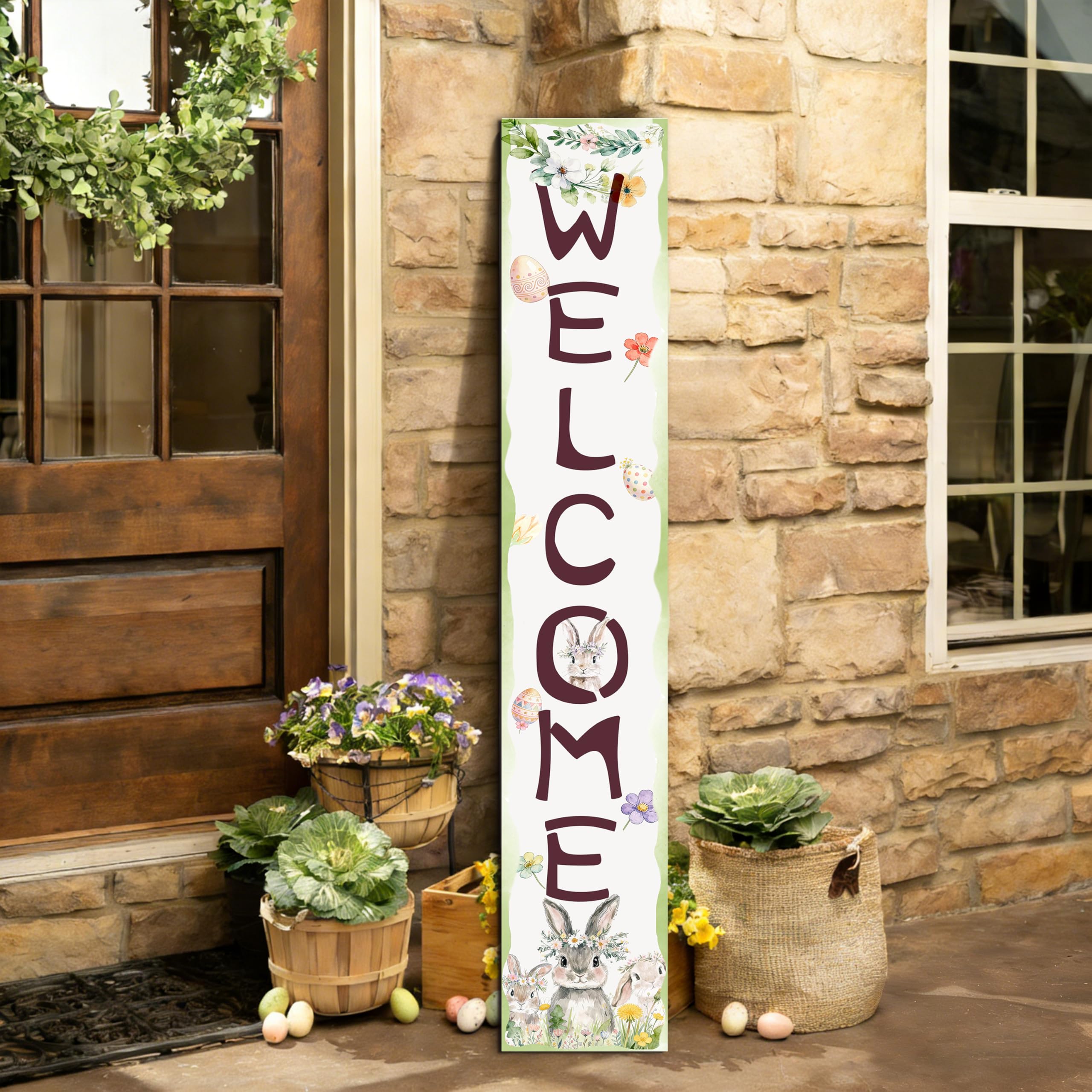 Xeubiou Easter porch sign shows a three-panel assembly with vintage floral motifs.