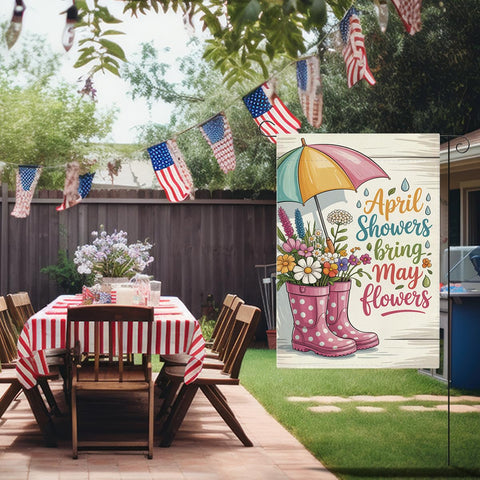 XFW Floral pattern flag brightens lawn near the front door.