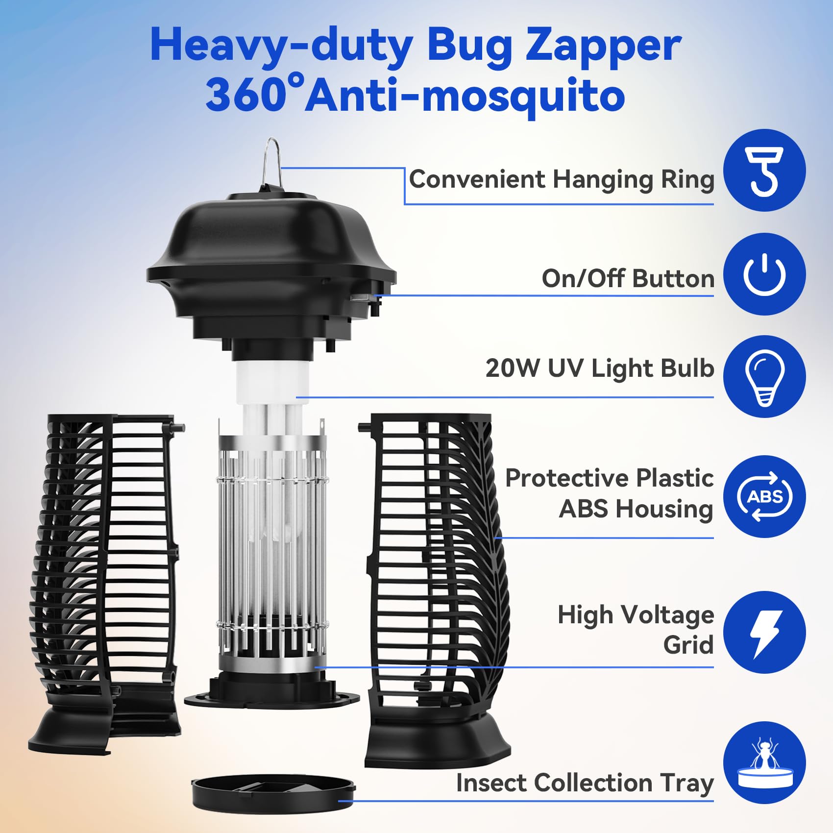XGAYOO bug zapper front view shows 4200V grid for quick insect neutralization.