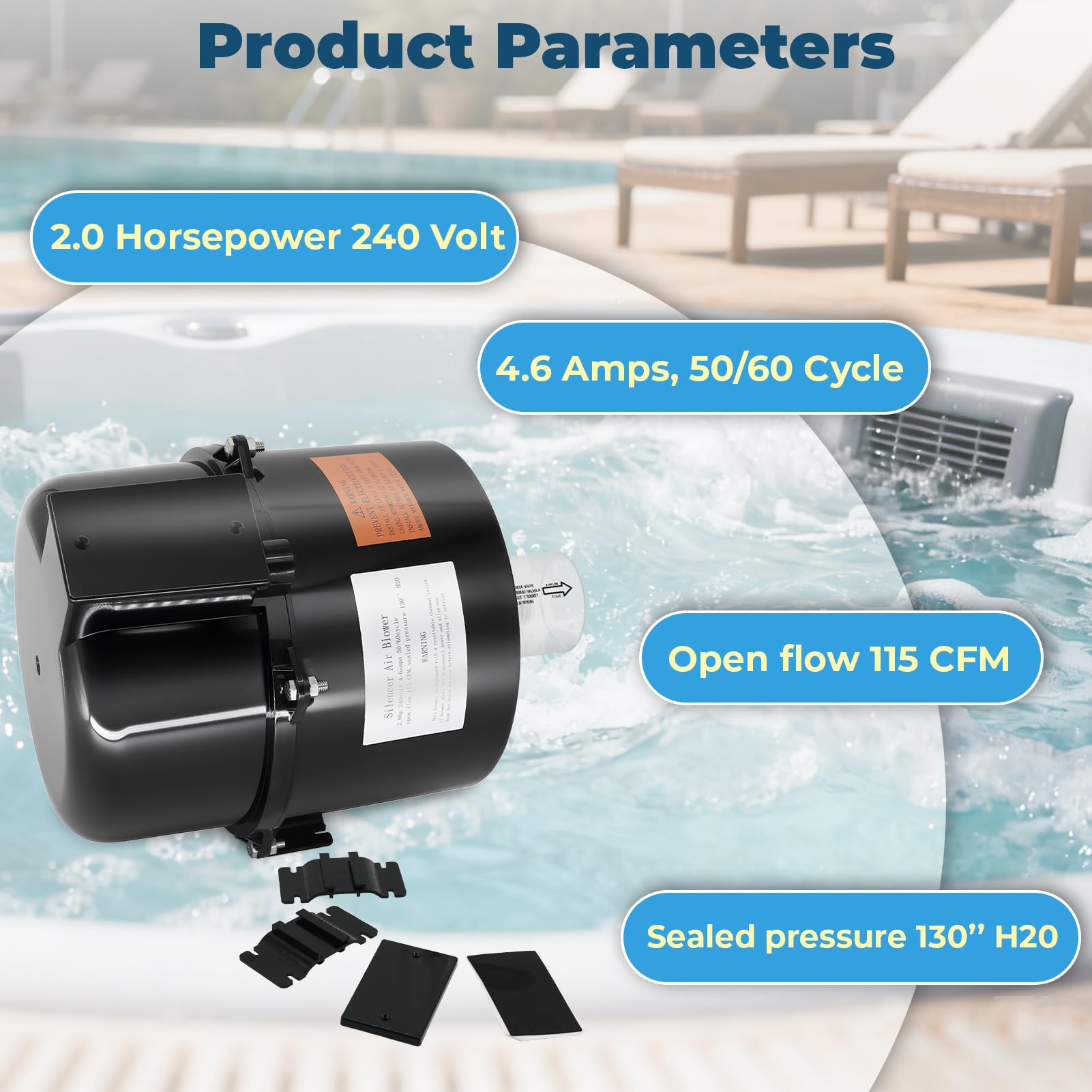 XHHEZQ 6320241 Silencer Spa Blower quiet operation highlights whisper-quiet performance for late-night spa sessions.