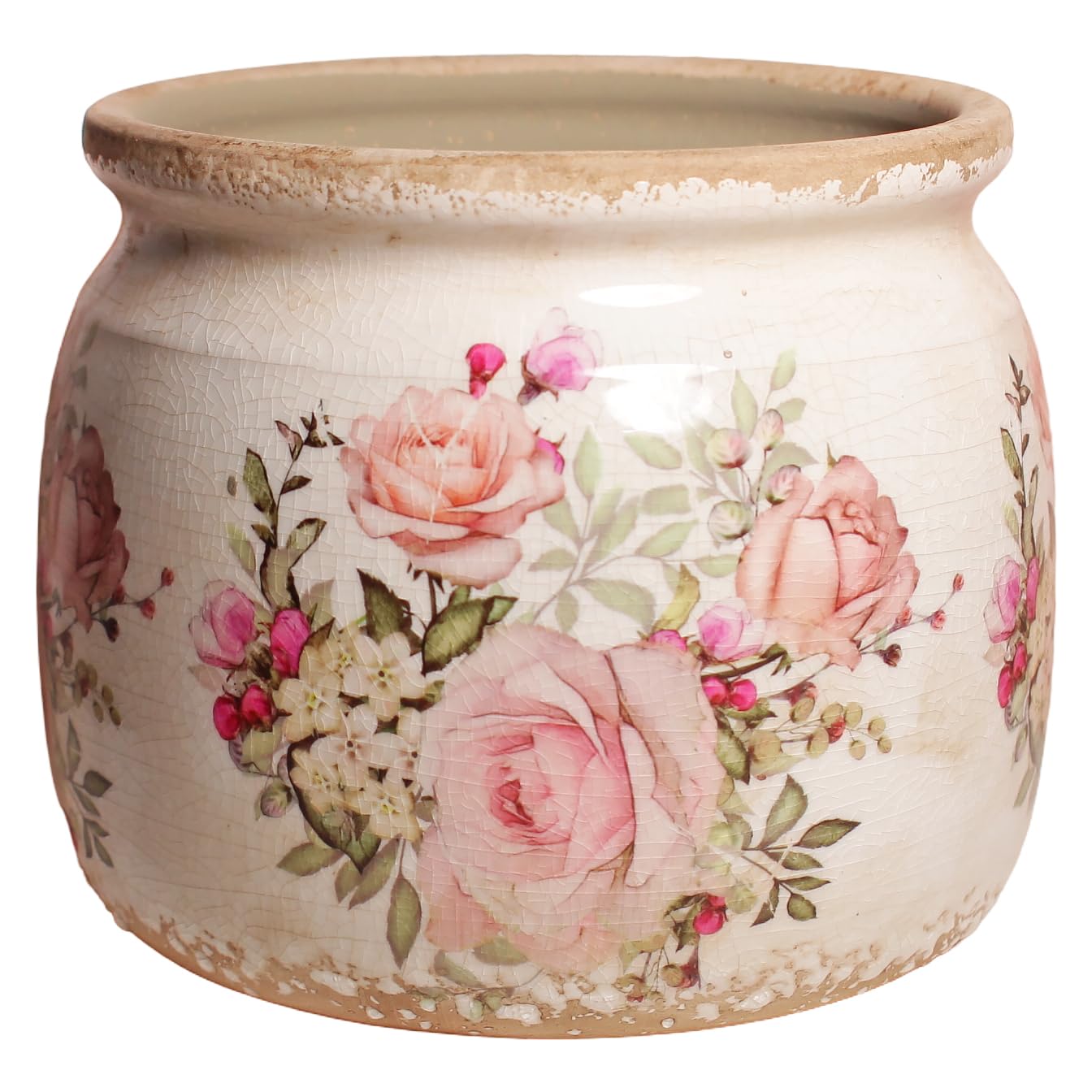 Xiaan Jiaju pink ceramic planter with rose pattern and crackle glaze for vibrant indoor greenery.